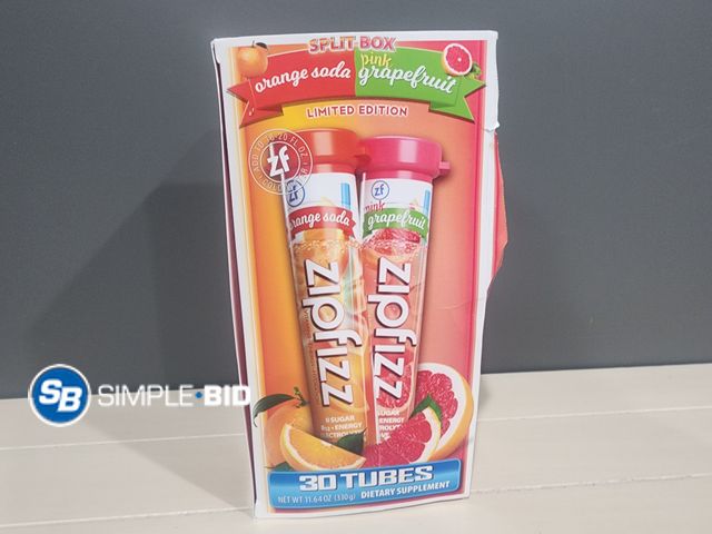 Lot 58-30545 - ZIPFIZZ! Split box ORANGE SODA - PINK GRAPEFRUIT - 24 Tubes - unopened