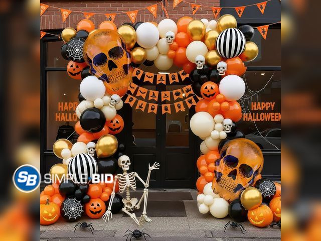 Lot 58-74325 - New summerween balloons arch kit Orange Black balloons skull stripe balloons &amp; maple leaves spid...