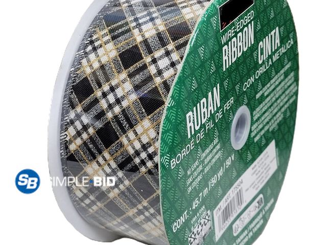 Lot 58-33334 - New Kirkland Wire Edged Black Plaid Ribbon with Gold Accent 50yd X 2.5in