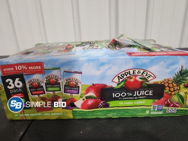 Lot 58-26168 - Apple and Eve Juice Boxes 35 pack - unopened - damaged packaging - Fruit Punch - apple - very berry
