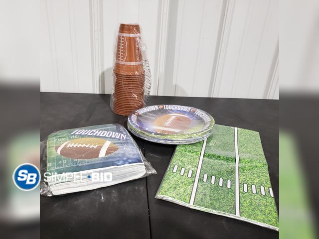 Lot 58-15824 - Football Theme Party Supplies - 24 Count - Plates, Napkins, Tablecloth, Cups