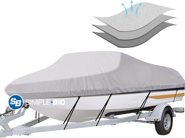 Lot 58-75993 - iCOVER Trailerable Boat Cover- 16'-18.5' Heavy Duty Waterproof Tarp Covers with Storage Bag, Fits V-...