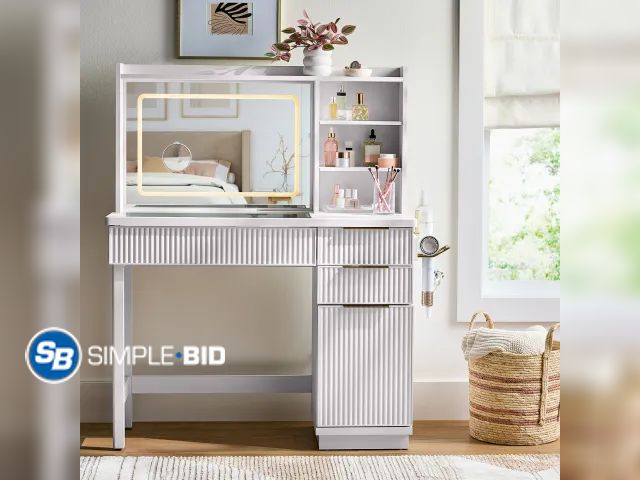 Lot 58-59561 - Better Homes &amp; Gardens Lillian Vanity Desk with LED Lighted Mirror, White Finish