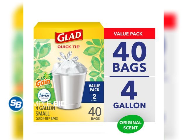 Lot 58-60812 - New Glad 4 Gallon Small Quick Tie Trash Bags, Gain Original Scent, Febreze Freshness, 40 Bags