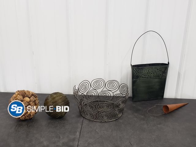 Lot 58-84858 - Lot of Home Decor including Metal Fruit basket, with Decorative Balls, and more
