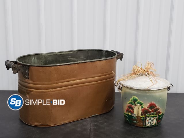 Lot 58-74845 - Lot of (2) Rustic Tins -- (1) Oval Copper Tin - (1) Decorative tin with lid