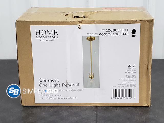 Lot 58-69398 - Home Decorators Collection Clermont One Light Pendant - Satin Brass Finish with Seeded Glass Shade
