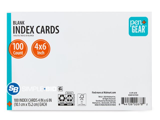 Lot 58-58622 - Lot of (4) New Pen+Gear Blank Index Cards - 100 card each 4x6