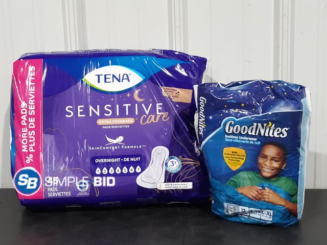 Lot 58-32420 - Lot of (2) items including (1) TENA Sensitive Pads (1) Good Nites Bedtime Underwear -- open packages...