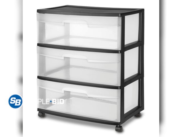 Lot 58-58920 - New Sterilite 3 Drawer Wide Cart, Clear Plastic Storage Drawers, Wheels Included, Black