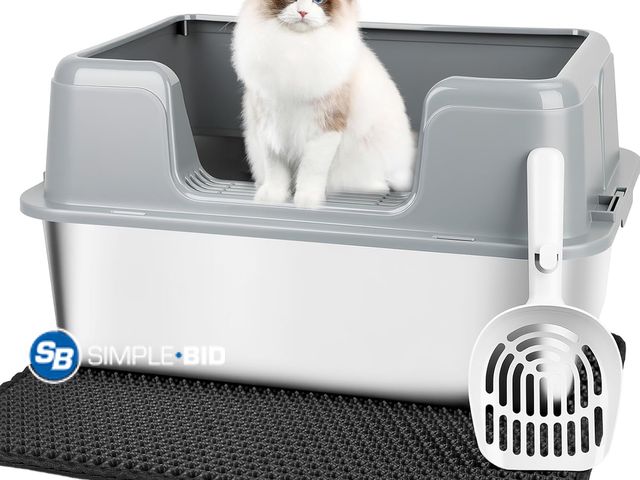 Lot 58-75839 - New Vivifying XL Stainless Steel Litter Box with Mat, High Sided Open Top, Gray Includes Honeycomb L...