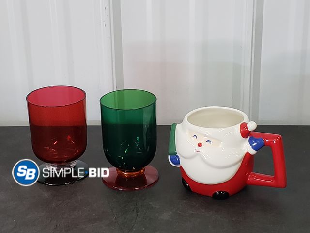 Lot 58-84432 - Lot of (3) Christmas Drink Mugs - Ceramic Santa Mug and (2) Plastic Red &amp; Green Stem Wine