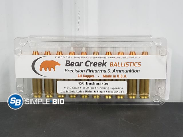 Lot 58-78228 - Bear Creek Ballistics Precision Firearms and Ammunition 450 Bushmaster 240 Grain 2590 FPS - All Copp...