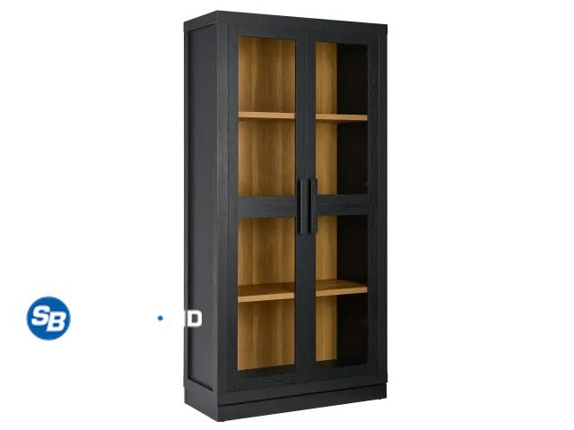 Lot 58-59551 - Better Homes &amp; Gardens Ezra Glass Door Storage Accent Cabinet, Rich Black finish with Honey Acce...