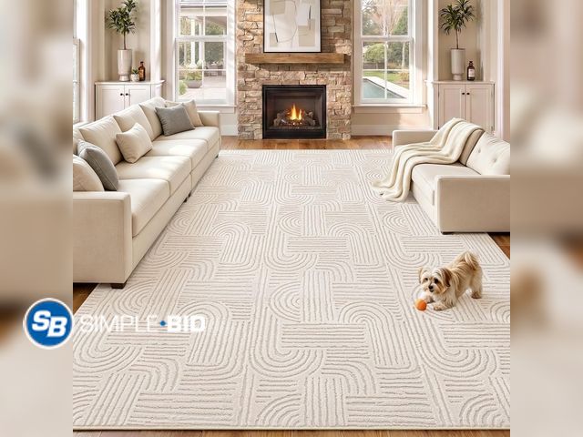 Lot 58-75733 - New Etwel 8x10 Beige Modern Geometric Textured High-Low Pile Washable Area Rug Soft Carpet, Non-Slip...