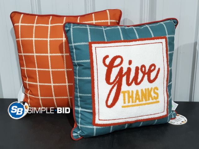 Lot 58-35400 - Lot of (2) Give Thanks Decorative Pillows - 18" x 18" - Very Cute