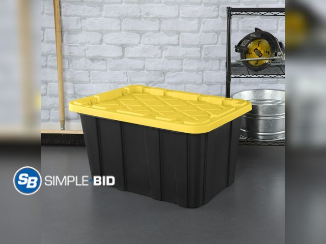 Lot 58-58302 - New Sterilite Large Industrial Storage Bin, 27 Gallon Rugged Plastic Storage Tote with Snap-Fit Lid,...