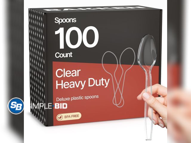 Lot 58-54697 - New Bakken Disposable Cutlery Set 100 Pieces Spoons, Heavy Duty Plastic Silverware, BPA-Free Food-Gr...