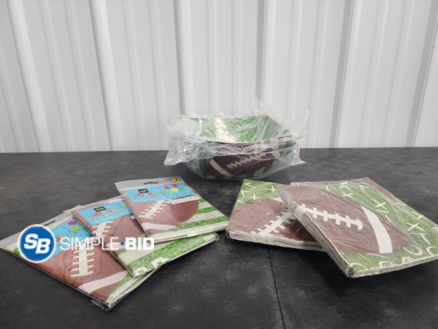 Lot 58-40310 - Lot of FOOTBALL party supplies - table coverings, paper bowls, and napkins - unused