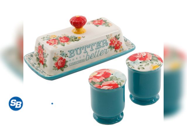 Lot 58-38709 - The Pioneer Woman Vintage Floral Salt and Pepper and Butter - appears unused ( top of butter dish ha...