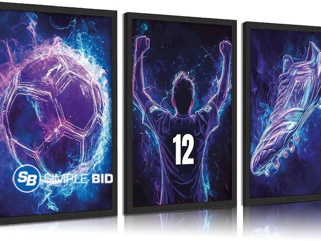 Lot 58-41401 - New 3pcs Cool Soccer Canvas Wall Art Neon Boys Themed Wall Decor Pictures Abstract Sneakers Posters ...