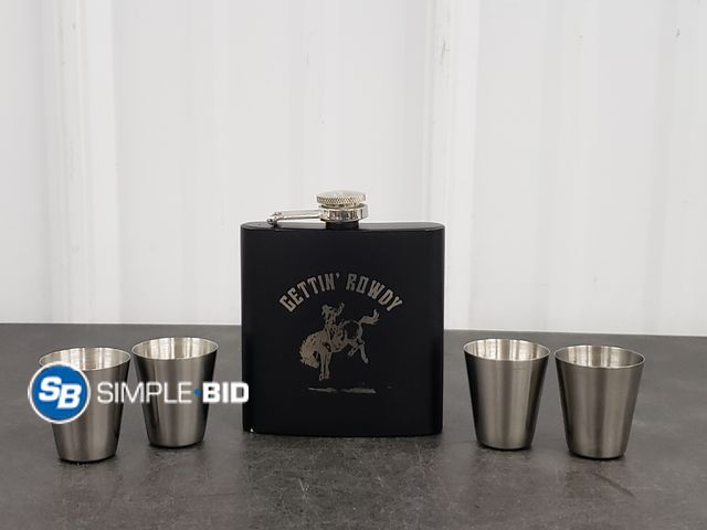 Lot 58-67521 - Gettin' Rowdy Flask With (4) Metal Shot Glasses