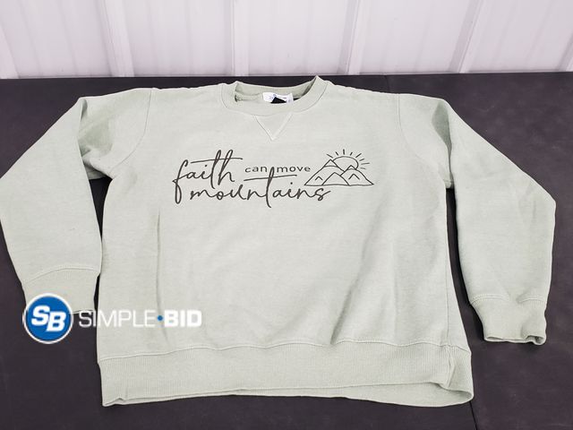 Lot 58-64618 - Women's Crew Sweatshirt "Faith Can Move Mountains"- Size L, Mint Green - Appears Good Used Condition