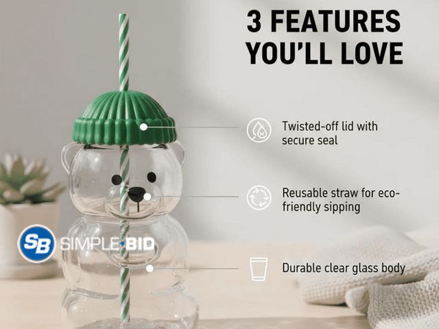 Lot 58-65423 - New ValHome Cute Glass Coffee Cup 20oz with Straw, Reusable Iced Drink Tumbler for Barista Style Lat...