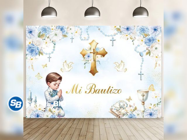 Lot 58-60141 - New MEHOFOND 7x5ft Blue Floral Mi Bautizo Mexican Baptism Backdrop with Boy Spring Flowers Mi Bautiz...