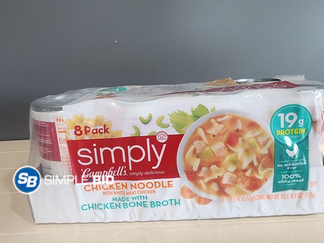 Lot 58-29816 - Simply Cambells CHICKEN NOODLE - 8 cans - unopened - damaged packaging