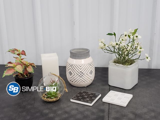 Lot 58-75864 - Lot of (7) Various Decor Pieces- Hanging Faux Succulent in Glass, Ceramic Vase, Artificial Plants an...