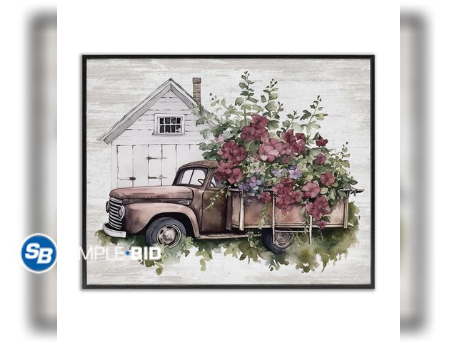 Lot 58-21632 - New Stupell Industries Burgundy Flowers Truck Transportation Painting Black Framed Art Print Wall Ar...