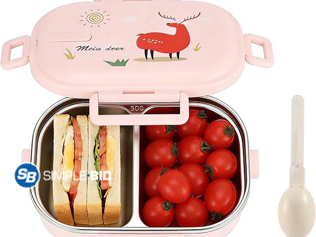Lot 58-68886 - Lot of (2) New  Lunch Box for Kids, 2 Compartments Pink Food Lunch Containers Portable 304 Stainless...