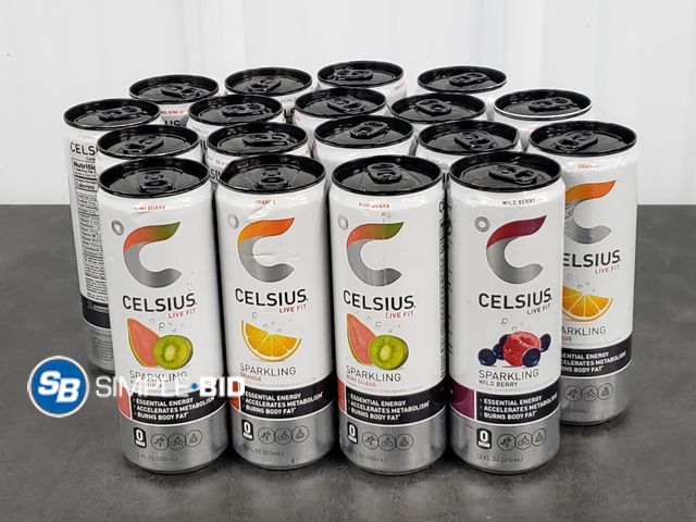 Lot 58-29909 - CELSIUS! Lot of (18) Celsius - Sparkling Wild Berry - Orange - Kiwi Guava Energy Drinks - unopened -...