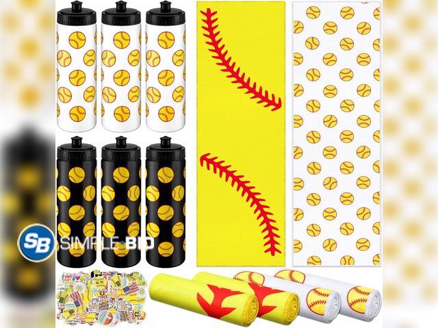 Lot 58-38922 - New Softball Water Bottle Softball Cooling Towel Set with 50 Sticker Sports Party Favors Include 6 R...