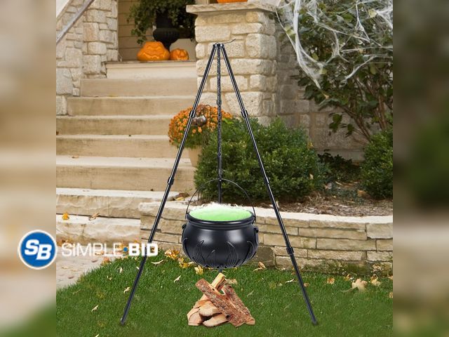 Lot 58-83974 - New 2.8FT H Halloween Witch Cauldron with Tripod Stand, Hanging Black Pot with Adjustable Chain Hook...