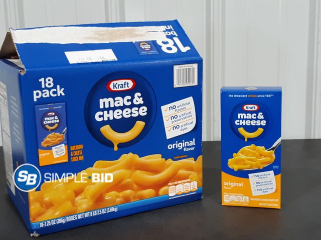 Lot 58-35519 - Kraft Mac &amp; Cheese - 18 boxes -7.25 oz each - unopened - best by 4/26