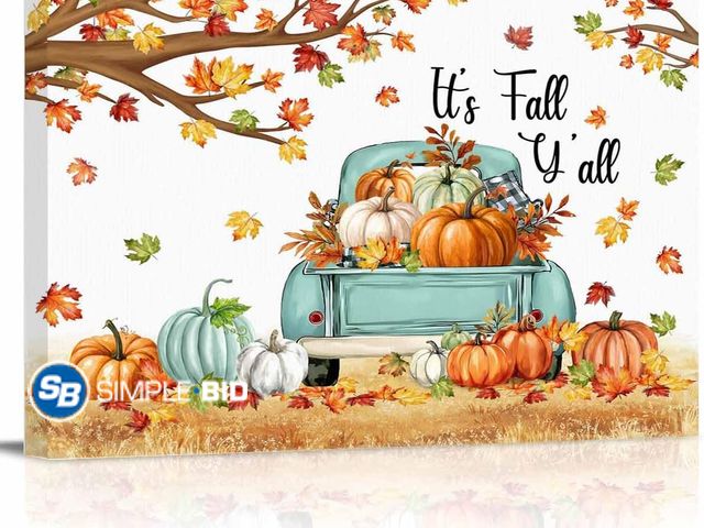 Lot 58-84132 - New Canvas Wall Art Picture Prints Thanksgiving Pumpkin Teal Farm Truck Oil Painting Artwork on Canv...