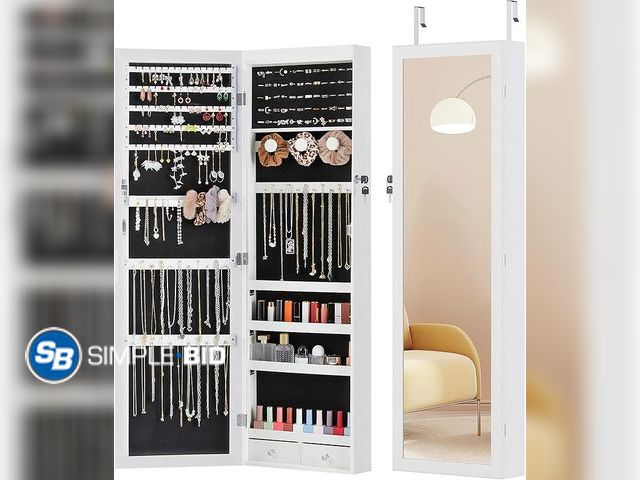 Lot 58-29377 - New 6 LEDs Jewelry Cabinet Organizer, 47.2-inch Jewelry Armoire with Full-Length Mirror, Wall or Doo...