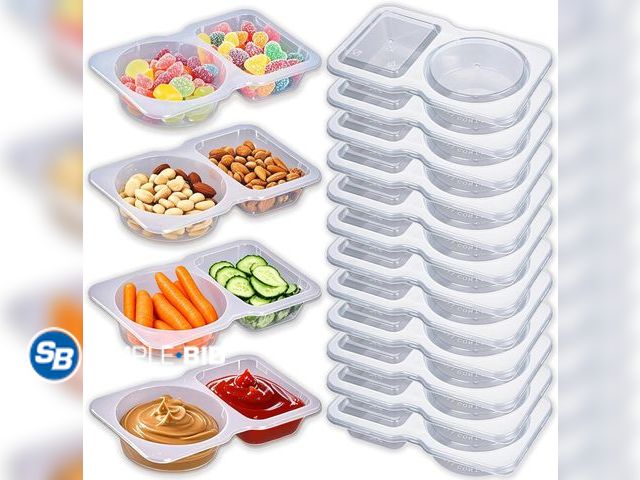 Lot 58-74944 - New 12Pcs Double Compartment Snack Containers with Lids, Reusable Small Sauce Dipping Containers, Gr...