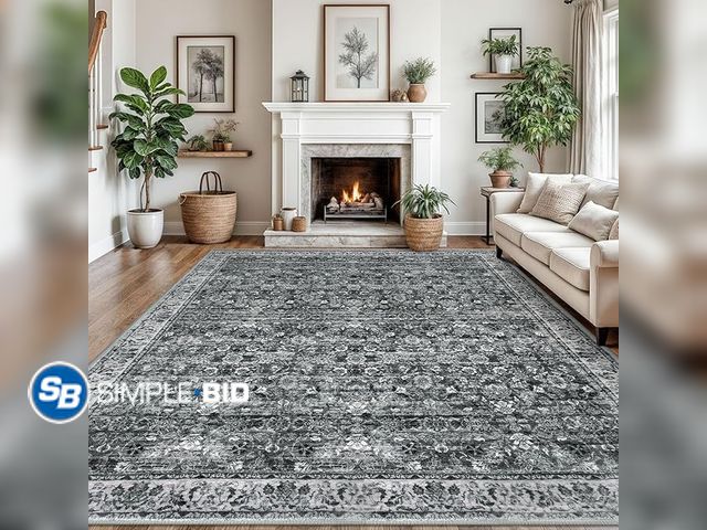Lot 58-36058 - New Moss Charcoal 9x12 Washable Rug, Vintage Floral Large Area Rug for Living Room Non-Slip Ultra So...