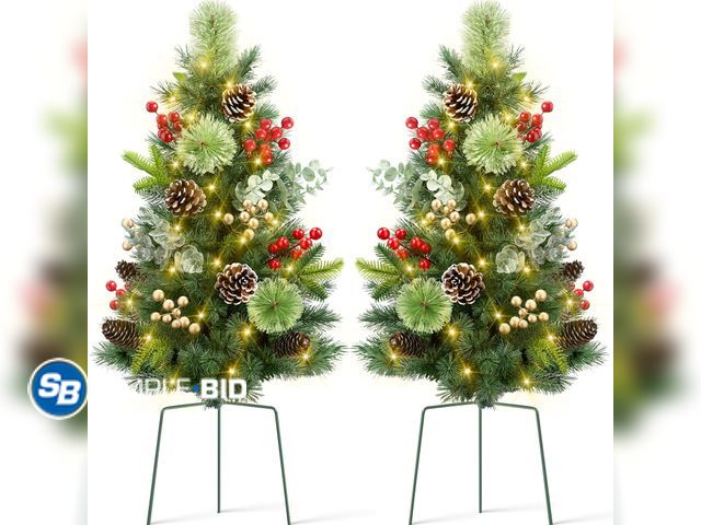 Lot 58-32132 - New Ayieyill Set of 2 Pre-Lit Outdoor Pathway Christmas Trees Decor w/ Berries | Pine Cones | LED Li...