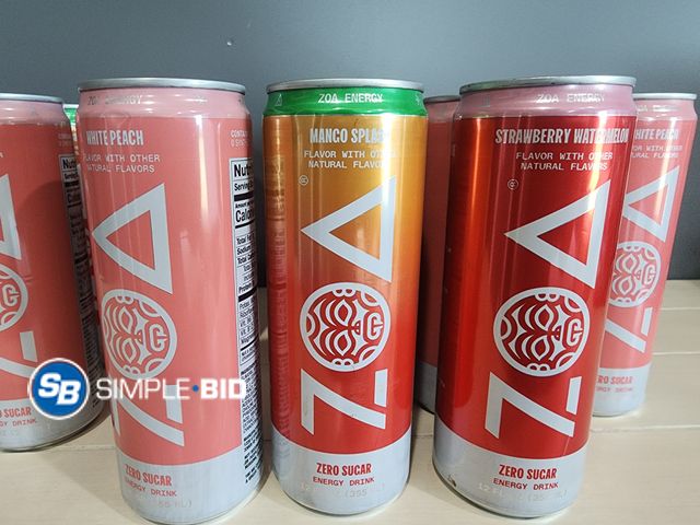 Lot 58-21323 - Lot of (15) ZOA! Zero Sugar Energy Drink WHITE PEACH - MANGO SPLASH - STRAWBERRY WATERMELON  12 fl o...
