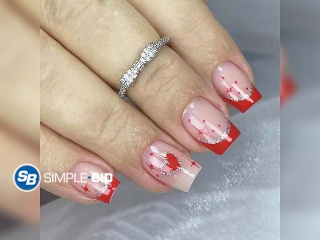 Lot 58-67582 - New Press on Nails Short Square Fake Nails Press ons with Heart Designs Red French Tip Glitter Glue ...