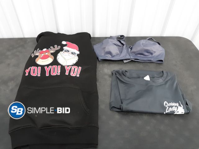 Lot 58-54423 - Lot of (3) Clothing - Sweat Shirt - XL, T Shirt -2XL, and Bra - 40DD