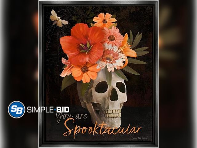 Lot 58-34932 - New Stupell Industries Spooktacular Halloween Skull Flower Arrangement Spider Web, Design by Diane N...