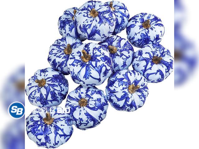 Lot 58-77763 - New Winlyn 12 Pcs Small Fabric Decorative Blue and White Pumpkins Chinoiserie Chic Foam Pumpkins 3" ...
