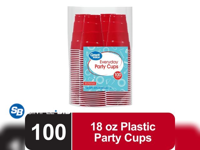 Lot 58-26858 - New Great Value Everyday Disposable Plastic Party Cups, Red, 18 oz, 100 Count
