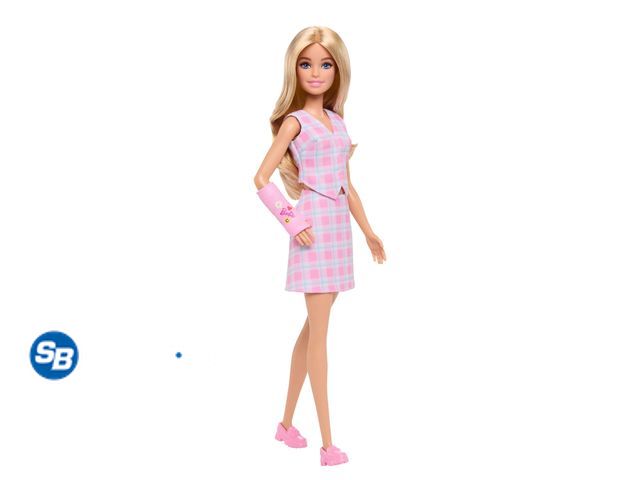 Lot 58-54098 - New Barbie Fashionistas Doll #243 with Pink Arm Cast and Plaid Top and Skirt, Blonde