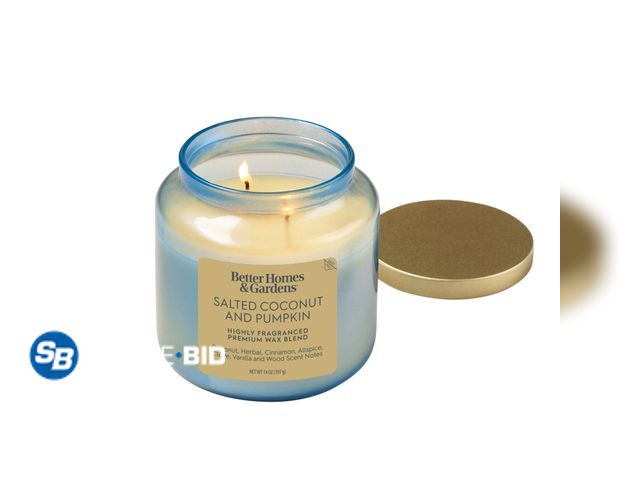 Lot 58-54254 - New Better Homes &amp; Gardens 2-Wick Blue Glass Jar Candle with Gold Lid, Salted Coconut &amp; Pump...